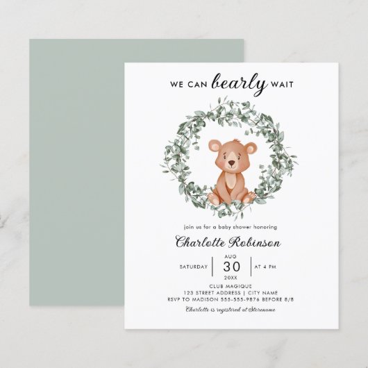 Budget Teddy Bear Greenery Baby shower Invitation (Voorkant / Achterkant)