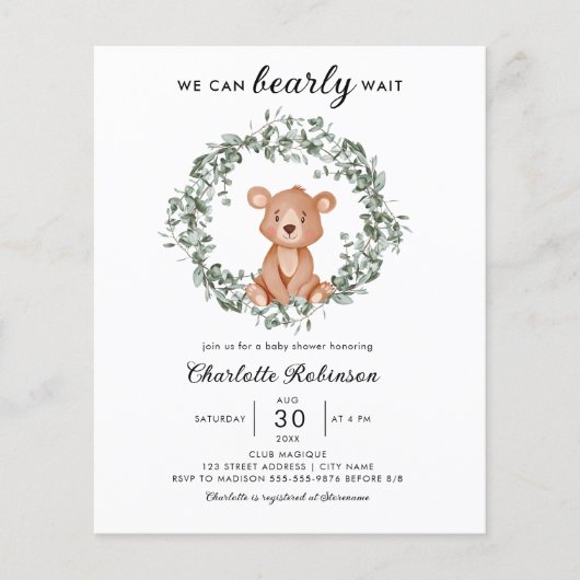 Budget Teddy Bear Greenery Baby shower Invitation (Voorkant)