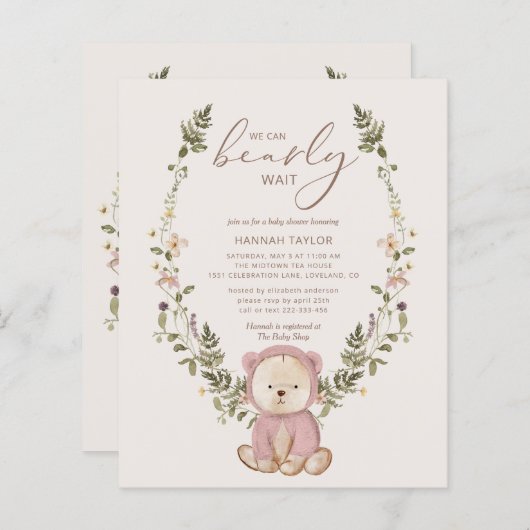 Budget Teddy Bear Pink Girls Baby shower nodigt ui (Voorkant / Achterkant)