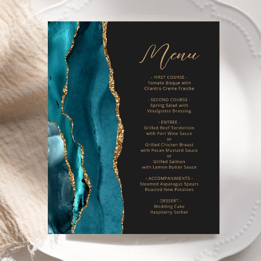 Budget Teelblauw Goud Agate Script Trouwmenu