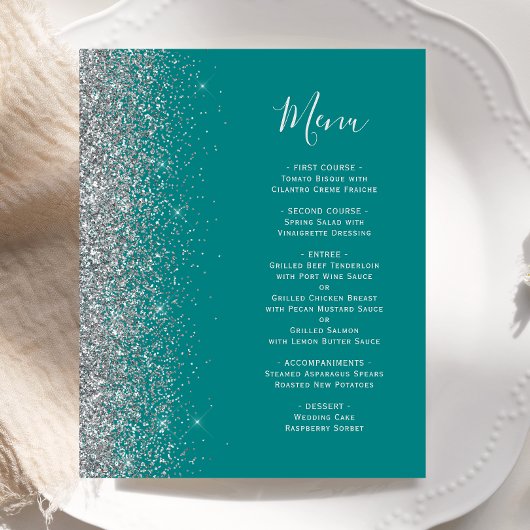 Budget Teelblauw Zilveren Glitter Rand Trouwmenu