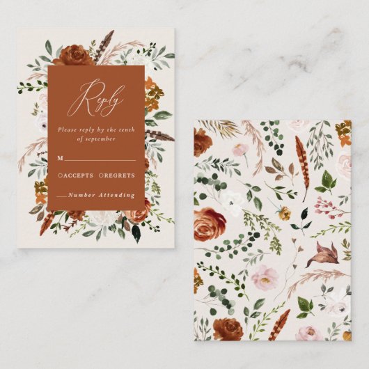 Budget terracotta bloemrijke elegante trouwomheini informatiekaartje (Voorkant / Achterkant)