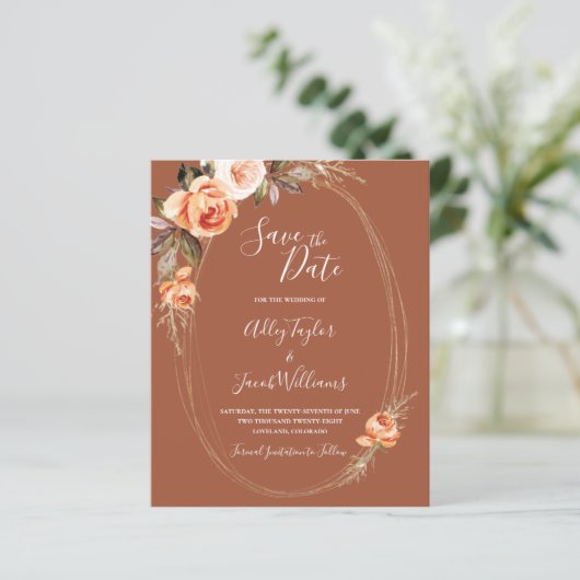 Budget Terracotta Boho Foto Wedding Save the Date (Staand voorkant)