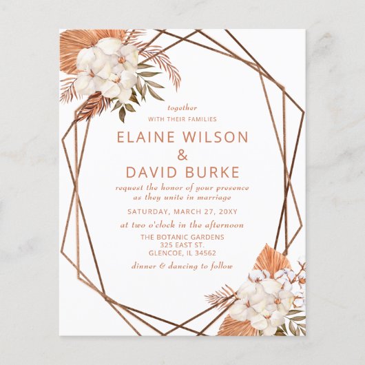 Budget Terracotta Boho Pampas Wedding Uitnodiging (Voorkant)