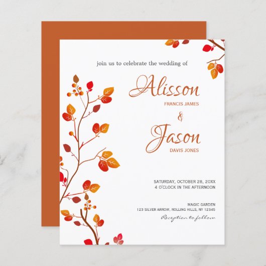 Budget Terracotta Calligraphy Fall Wedding Invite (Voorkant / Achterkant)