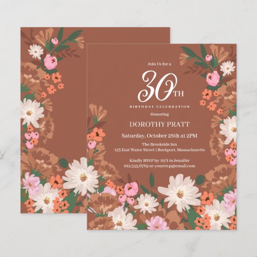 Budget Terracotta Floral 30e Verjaardag Uitnodigen (Voorkant / Achterkant)
