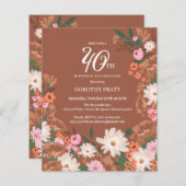 Budget Terracotta Floral 40e Verjaardag Uitnodigen (Voorkant / Achterkant)