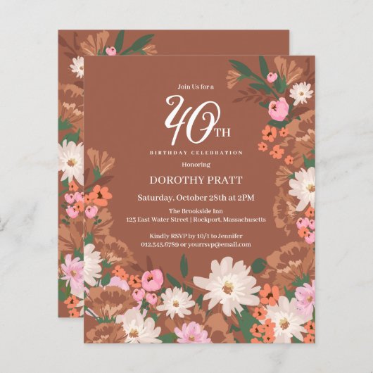 Budget Terracotta Floral 40e Verjaardag Uitnodigen (Voorkant / Achterkant)