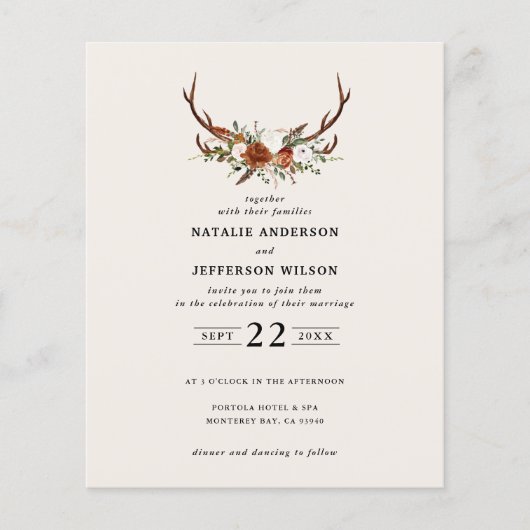 Budget terracotta floral stag bruiloft uitnodiging flyer (Voorkant)