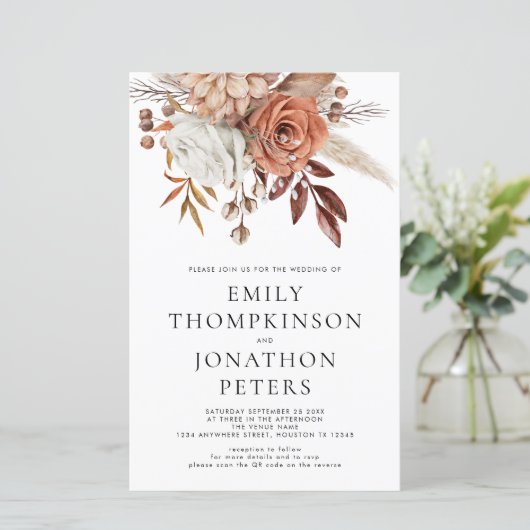 Budget Terracotta Florals Code Wedding Invite (Staand voorkant)