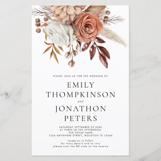 Budget Terracotta Florals Code Wedding Invite (Voorkant)