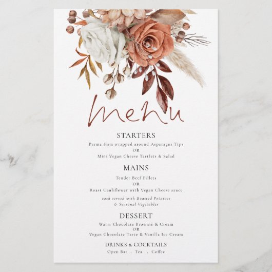 Budget Terracotta Florals Rustic Wedding Menu (Voorkant)