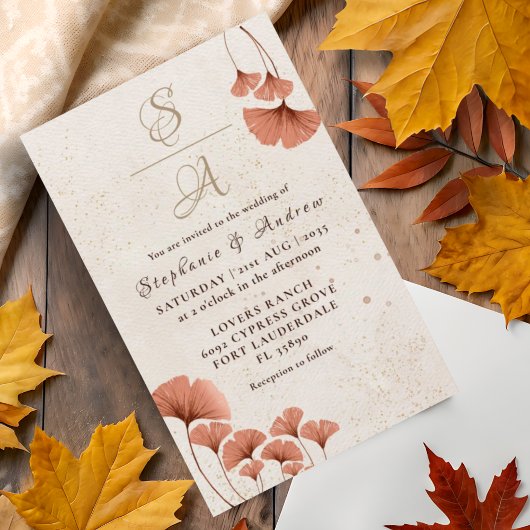 Budget Terracotta Ginkgo Leaf Wedding Uitnodiging
