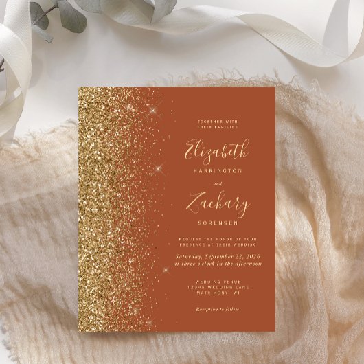Budget Terracotta Gold Glitter Wedding Invitation
