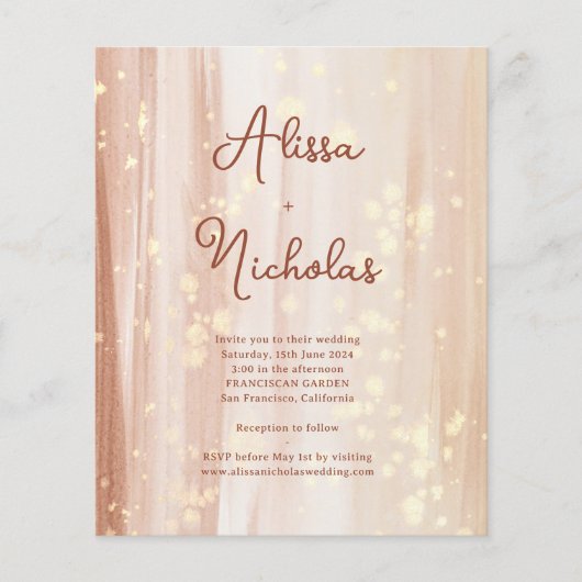 Budget terracotta gouden kleur bruiloft uitnodigin (Voorkant)