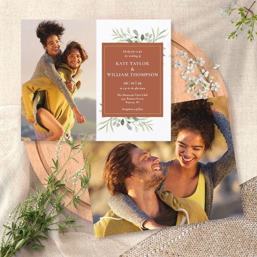 Budget Terracotta Greenery Foto's Wedding Invite