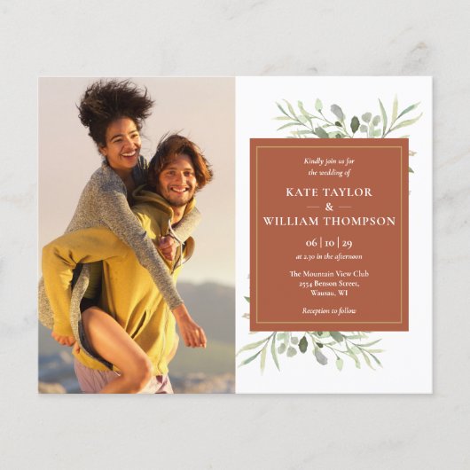 Budget Terracotta Greenery Foto's Wedding Invite (Voorkant)
