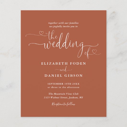 Budget Terracotta Hearts Script Wedding Invite (Voorkant)