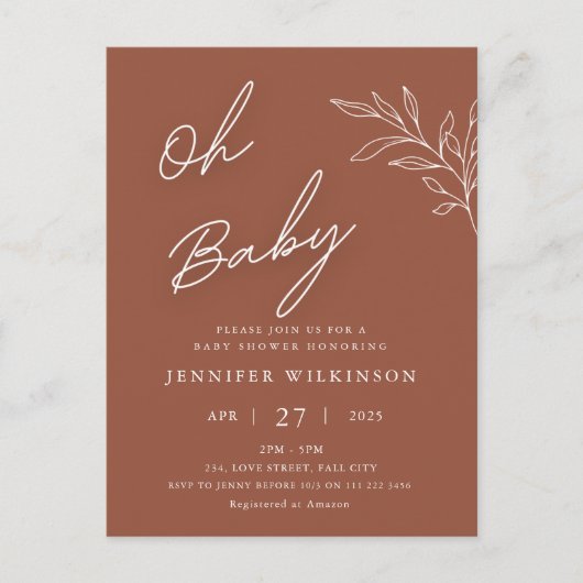 Budget Terracotta Minimalistisch Baby shower Uitnodiging Briefkaart (Voorkant)
