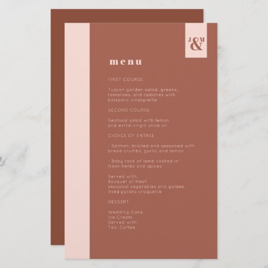 Budget Terracotta Modern Monogram Weddenschap Menu (Voorkant / Achterkant)