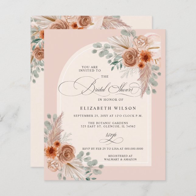Budget Terracotta Pampas Bridal Shower Uitnodiging (Voorkant / Achterkant)