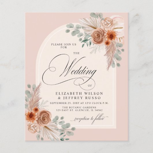 Budget terracotta pampas bruiloft uitnodiging (Voorkant)