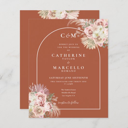 Budget Terracotta Pampasgras Monogram Bruiloft  (Voorkant / Achterkant)