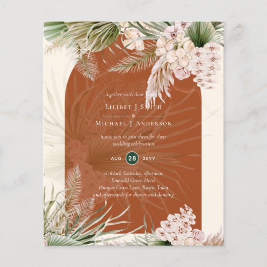BUDGET Terracotta Peach Pampas Grass Wedding Flyer (Voorkant)