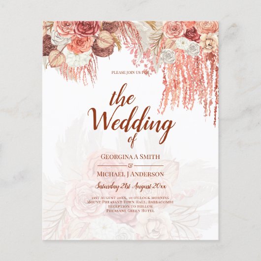 BUDGET Terracotta Roos Pampas grass Floral Wedding Flyer (Voorkant)