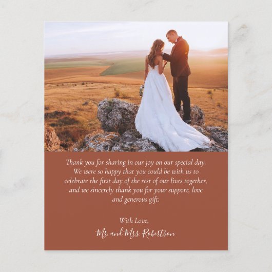 Budget terracotta script foto bruiloft dank u flyer (Achterkant)