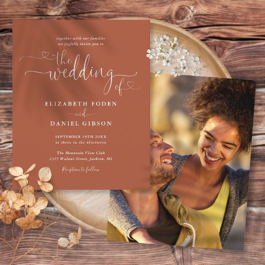Budget Terracotta Script Photo Wedding Invite