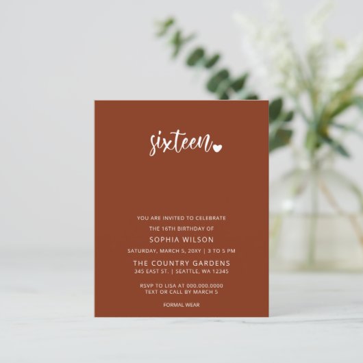 Budget Terracotta Script Sweet 16 Fotouitnodiging (Staand voorkant)