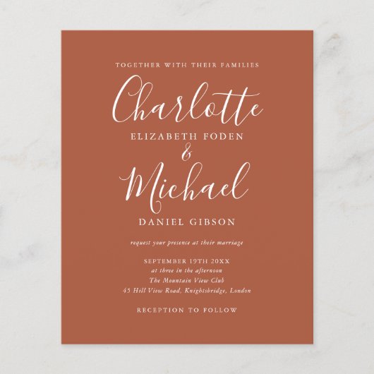 Budget Terracotta Script Trouw Uitnodiging (Voorkant)