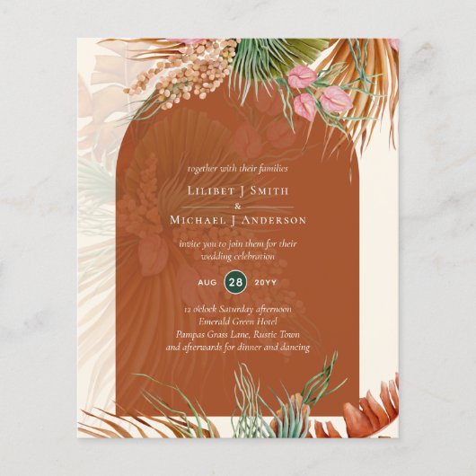 BUDGET Terracotta Tropical Pampas grass Wedding Flyer (Voorkant)