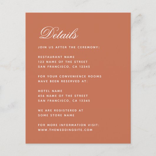 Budget Terracotta Wedding Details Enclosure Card (Voorkant)