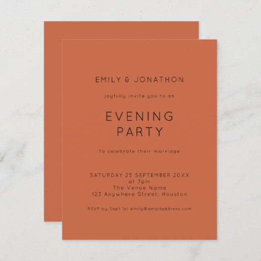Budget Terracotta Wedding Evening Party nodigt uit Kaart (Voorkant / Achterkant)