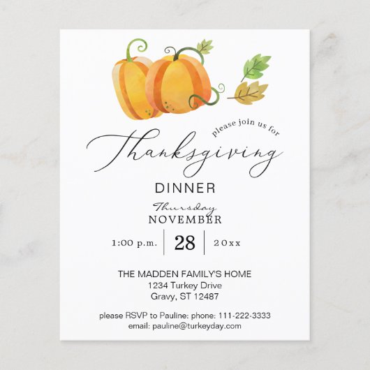 Budget Thanksgiving Duo Pompoen Aquarel Diner Flyer (Voorkant)
