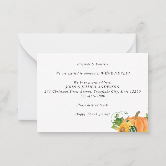 Budget Thanksgiving Nieuwe Thuis Pompoen Verhuis K Notitiekaartje (Achterkant)