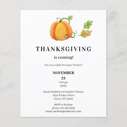 Budget Thanksgiving Pompoen Watercolor Diner Flyer (Voorkant)