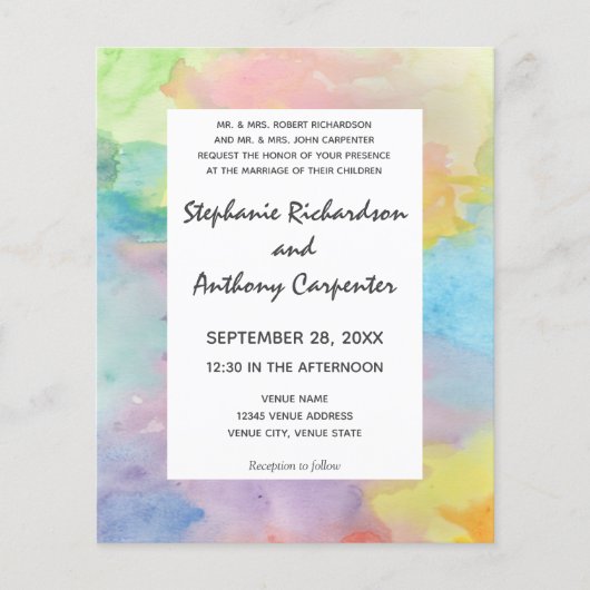 Budget Tie Dye Waterverf Art Kleurrijke Bruiloft (Voorkant)