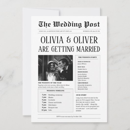 Budget, tijdlijn, grappige krant bruiloft kaart (Voorkant)