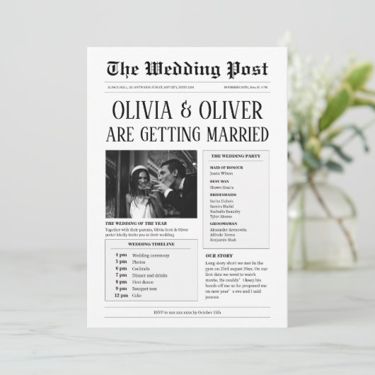 Budget, tijdlijn, grappige krant bruiloft kaart (Staand voorkant)