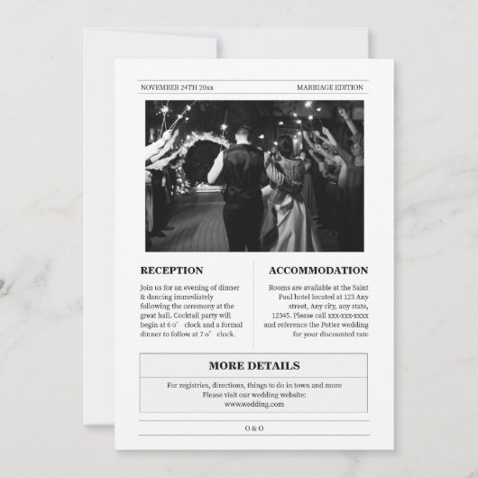 Budget, tijdlijn, grappige krant bruiloft kaart (Achterkant)