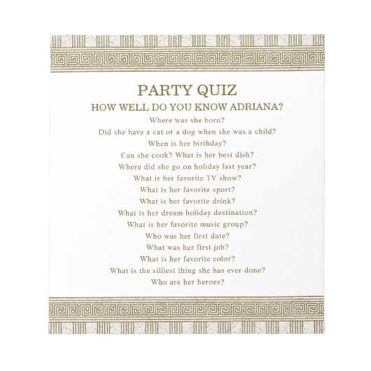 Budget Toga Party Quiz Notitieblok (Voorkant)