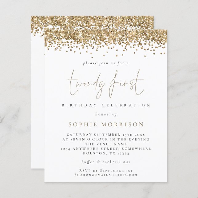 Budget Trendy Gold Glitter 21st Birthday Invite (Voorkant / Achterkant)