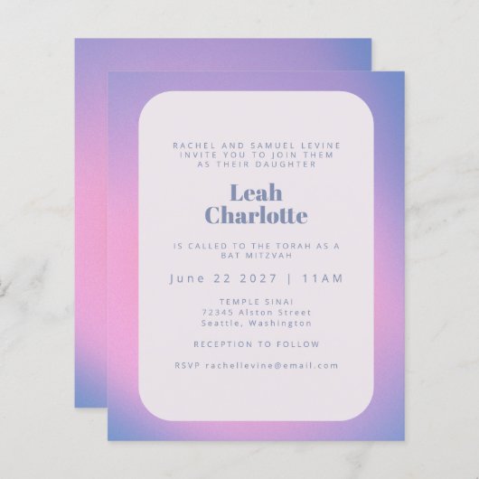 Budget Trendy Gradient Paars Bat Mitzvah Invite (Voorkant / Achterkant)
