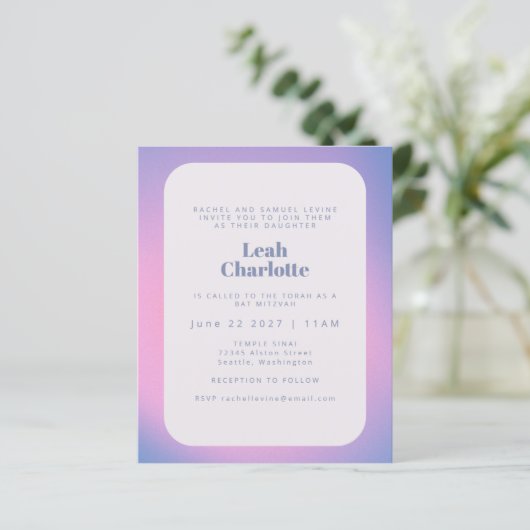 Budget Trendy Gradient Paars Bat Mitzvah Invite (Staand voorkant)