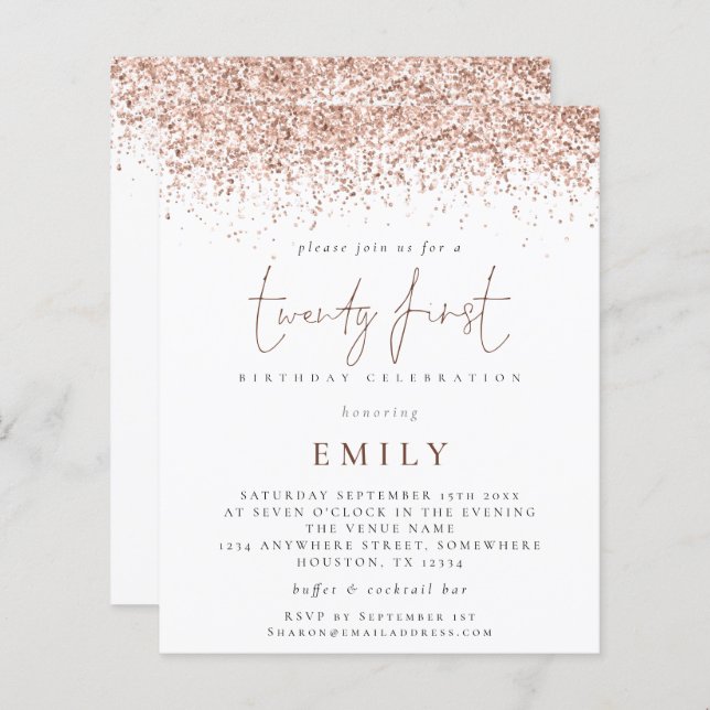 Budget Trendy Roos Glitter 21st Party Invitation (Voorkant / Achterkant)