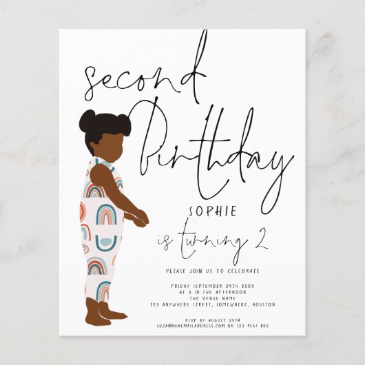 Budget Trendy Script Girl 2e verjaardag uitnodigin (Voorkant)