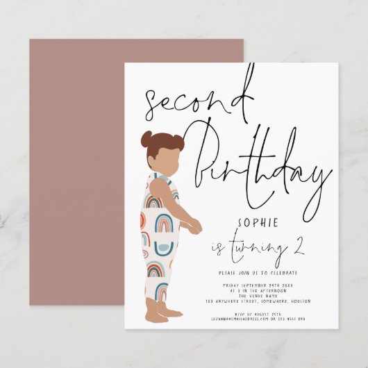 Budget Trendy Script Girl 2e verjaardag Uitnodigin (Voorkant / Achterkant)